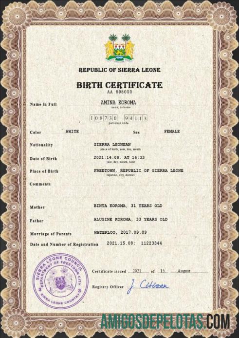 Imprimível modelo PSD de certidão de nascimento de registro vital de Serra Leoa